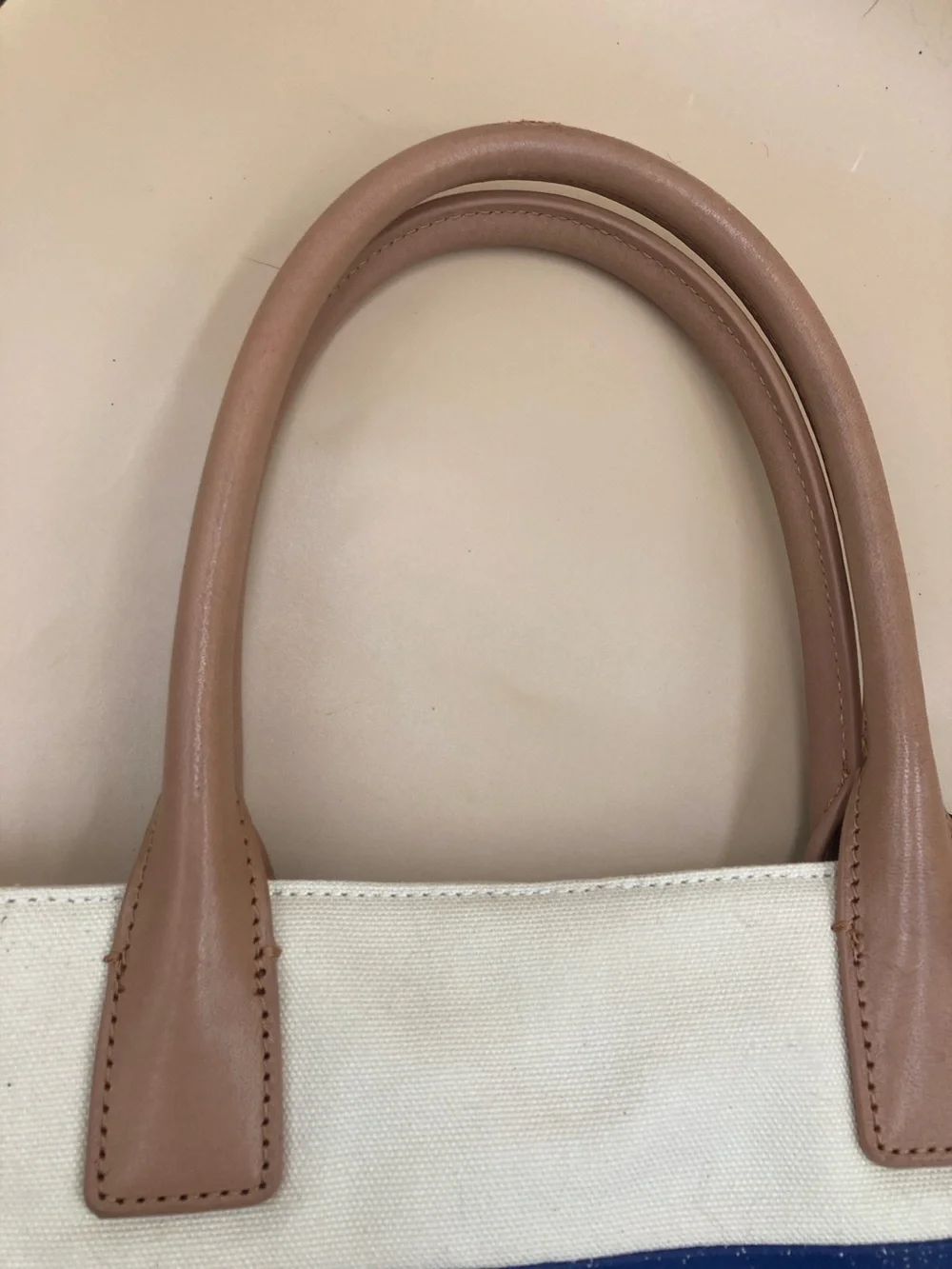 Tory Burch Blue, White and Tan Canvas Tote with Leather Trim